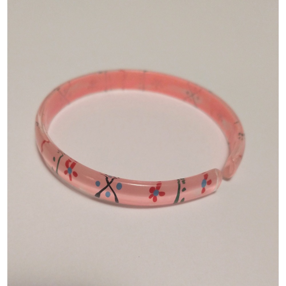 Vintage Hand Painted Pink Lucite Cuff Bracelet Floral Retro Resin Bangle Y2K